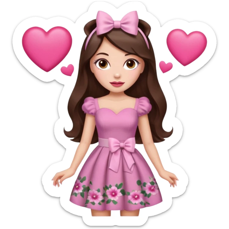 Chocolate brown clothes emoji, inspired with brunette hair, brown eyes, long hair, heart shape lips and pink make up  and pink nails, mauve pink blush and floral pink dress, half up hair with white bow peaking on the sides, white heels  sticker