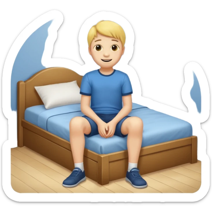 emoji- of a smiley boy sitting at the edge of the bed with legs on the floor sticker