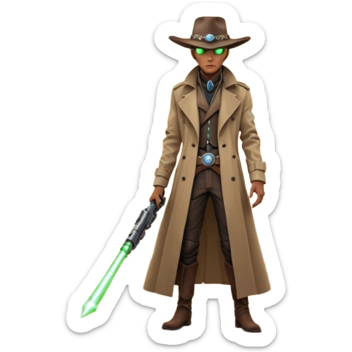 A tall alien cowboy standing in a dusty desert on an alien planet, wearing a futuristic cowboy hat and long trench coat, glowing eyes, twin plasma revolvers on his belt, dramatic sunset, cinematic lighting, ultra realistic, high detail, epic sci-fi western atmosphere

 sticker
