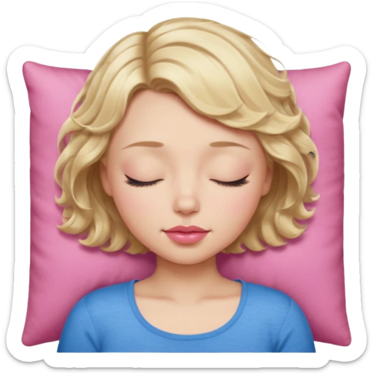 Girl Blonde short wavy hair,  blue eyes, cute blue top, long lashes, pink lips, sleeping eyes closed sticker