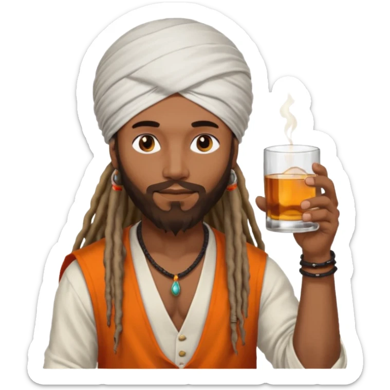 Brownskin man with long dreadlocks add a white turban on his head orange shirt drinking alcohol sticker