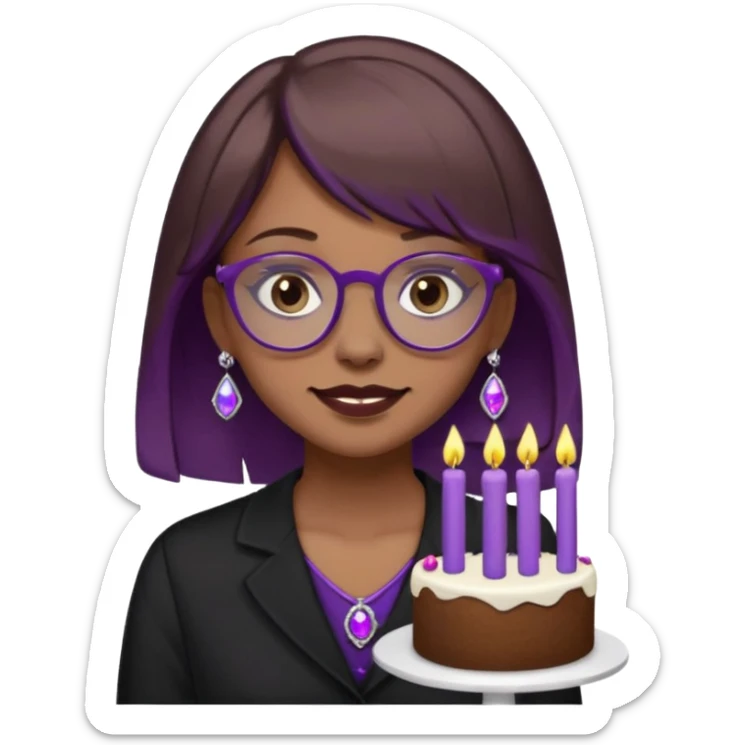 Cute ironic emoji woman, RIP 20’s theme.
Brown medium hair, grey eyes, purple glasses, nose piercing, tooth gem.
Black mourning outfit, cake with 29 candles.
Dark-cute minimal style, flat emoji design, clean lines.
Transparent background. sticker