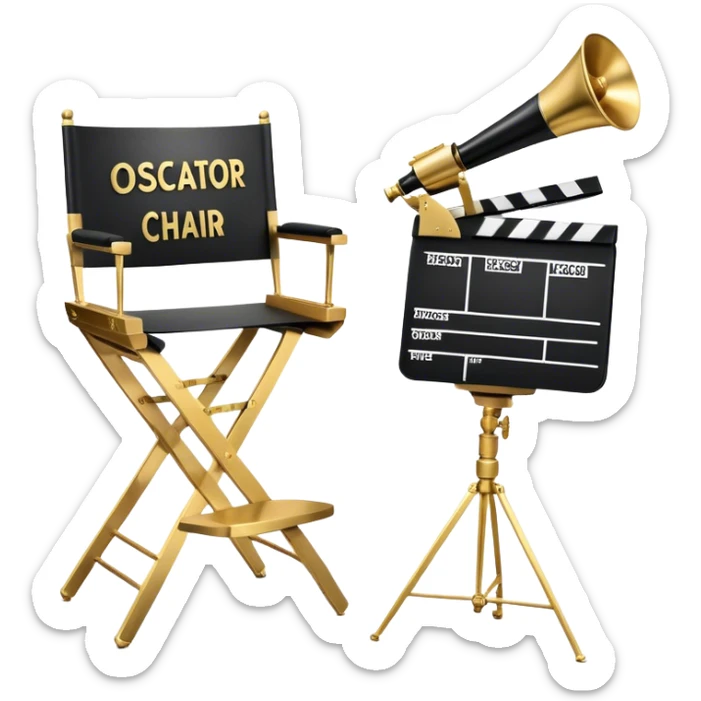 Icon for Directing: professional collage with director's chair, a film slate, a megaphone and an Oscar statuette. The icon should represent the creative and leadership aspects of directing, with focus on film and theater production. Transparent background. sticker