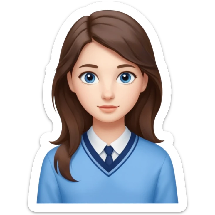 Realistic Student Portrait, with porcelain-like skin featuring a natural rosy flush, iHer Brunette Half-Up Style for Straight  hair flows in soft, Her deep blue eyes radiate warmth and innocence,  wear light blue preppy style. sticker