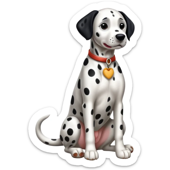 cinematic-[dalmatian dog]-realistic-full-body-sitting-emoji,-tail-resting-loosely-beside-its-paws,-head-tilted-dramatically,-sleek-[spotted]-fur,-simplified-yet-realistic-focused-features,-highly-detailed,-glowing-with-an-almost-sarcastic-glow sticker