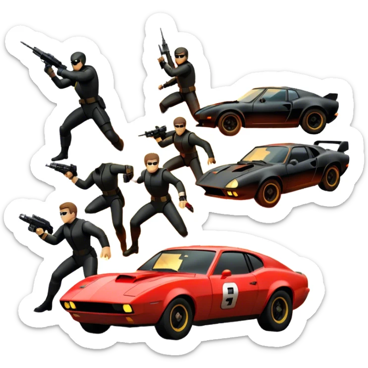 Photorealistic Icon for Action Movies: Close-up Dynamic collage of iconic action movie scenes featuring explosions, fast cars, combat, and weapons. Include silhouettes of famous action heroes, dramatic lighting, and a sense of high-octane energy. Transparent background. sticker