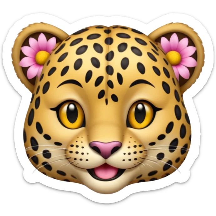 A leopard with big smile. A pink flower with a yellow center is tucked behind its right ear
 sticker