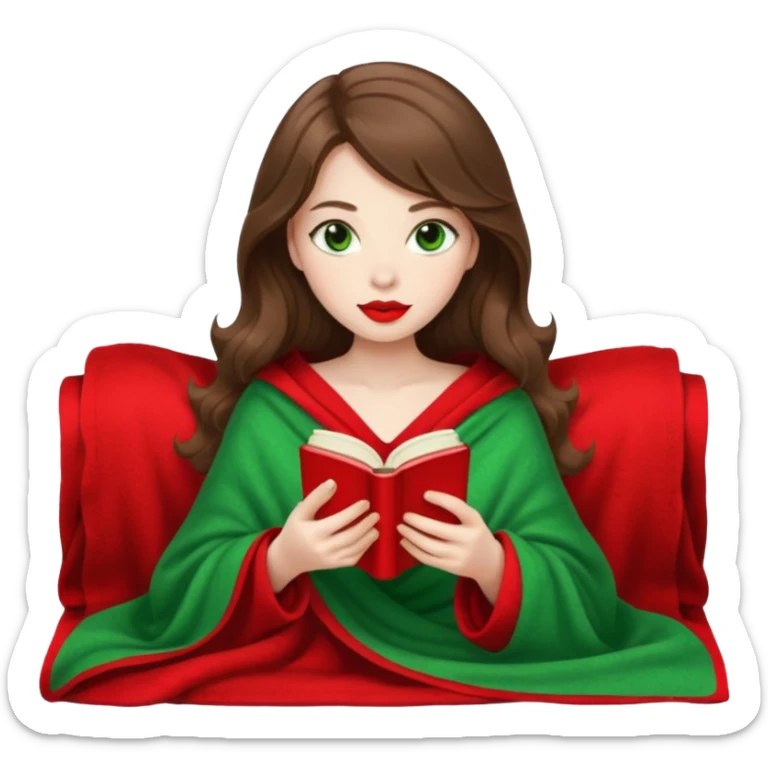 Long wavy brown haired, white skinned, green eyed girl with red lipstick wrapped in a blanket, sipping tea and reading a book sticker