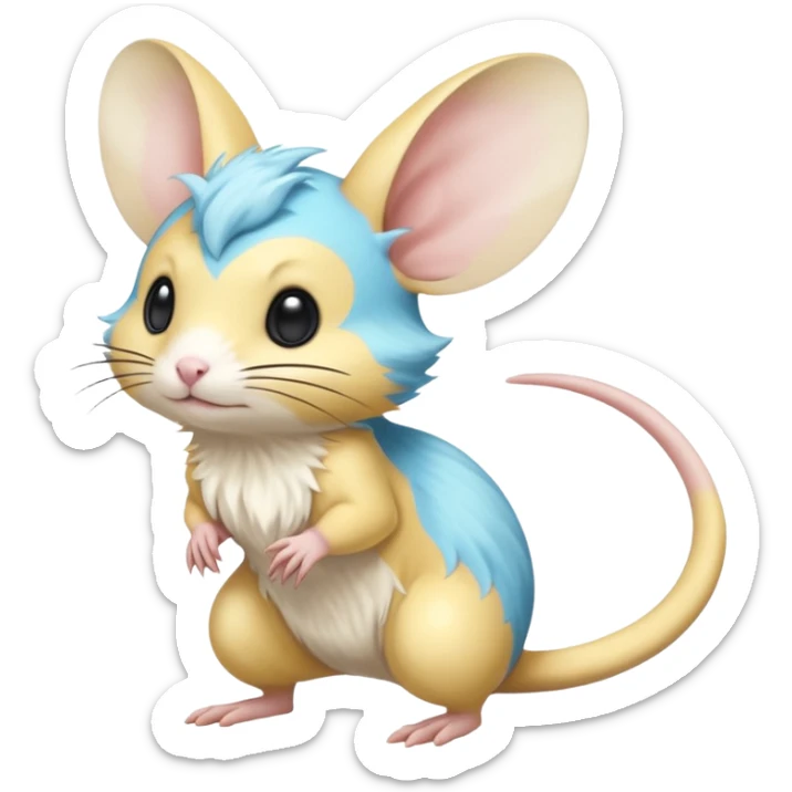Yellow and cyan-blue Gerbil-Jerboa-Minccino-Emolga-Pachirisu-Pokémon-Fakémon-hybrid-fusion-creature with a long thick tufted tail  sticker