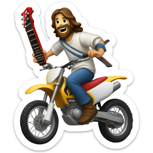 Jesus doing a jump on a dirt bike with an electric guitar in his hands sticker