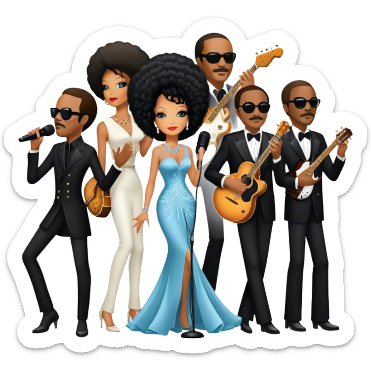 Icon for R&B Music: collage of legendary R&B artists—Diana Ross, Stevie Wonder, Marvin Gaye, Janet Jackson, Billy Ocean, and Whitney Houston. Represented by silhouettes or symbolic items like a microphone, guitar, or music notes. Transparent background. sticker