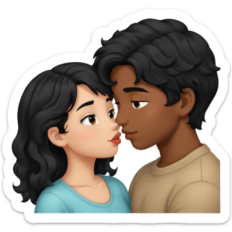 Girl with black hair kissing boy with black wavy hair sticker