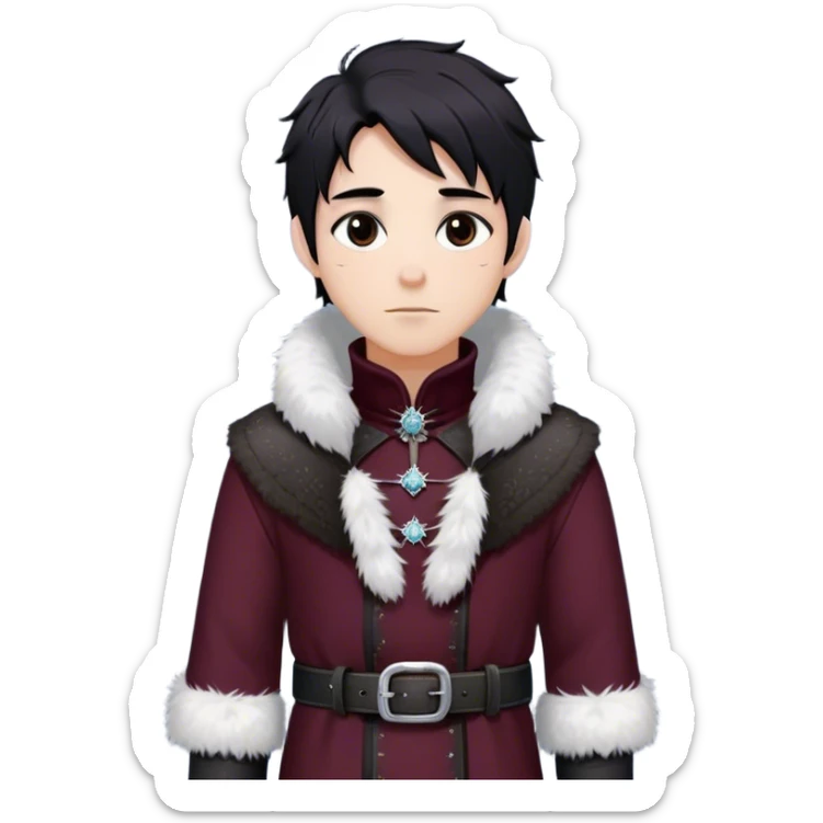 Medieval winter outfit worn by a DnD themed fantasy male character. Heavy maroon wool tunic with rabbit fur trim, featuring a high collar with silver clasps, belted with a sturdy leather strap. Clothes only above the waist, full waist coverage. The character has no arms. Character is white-skinned with raven black hair, deep brown eyes, and short messy hair dusted with snowflakes. sticker