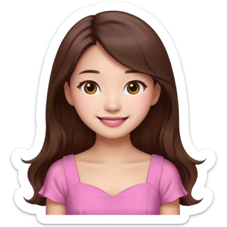 girl aesthetic emoji, asian beautiful make up long brown hair pink dress sticker