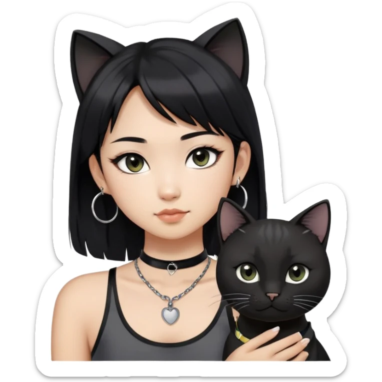 Asian girl, black hair with grey highlights , slightly longer than shoulder.  Holding two BLACK cats. one cat has a round fat face, the other one has a slightly slimmer face. Both pure black.  The girl also wearing a black singlet, a black chocker, silver round hook earring, and wearing eyeliner.  sticker
