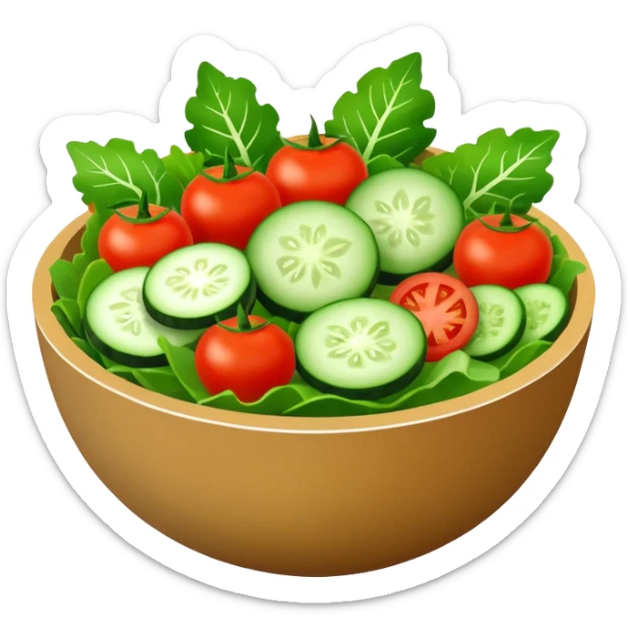 Salads avatar in clean emoji-style illustration. Fresh salad bowl with greens, tomatoes, cucumber, bright green tones, simple shapes, flat design, high contrast, light and healthy. sticker