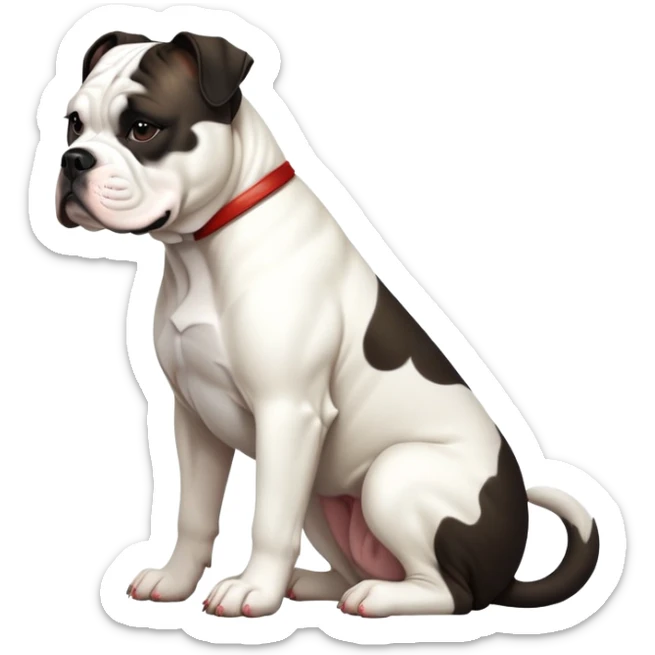 cinematic-[american bulldog]-realistic-full-body-sitting-emoji,-tail-resting-loosely-beside-its-paws,-head-tilted-dramatically,-sleek-[pied black]-fur,-simplified-yet-realistic-focused-features,-highly-detailed,-glowing-with-an-almost-sarcastic-glow sticker