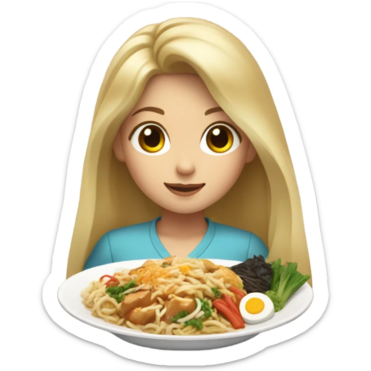  Blonde long hair girl eating Korean food sticker