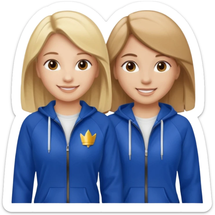 two girls smiling one has blond hair and one is has brown hair they are wearing royal blue track suits sticker