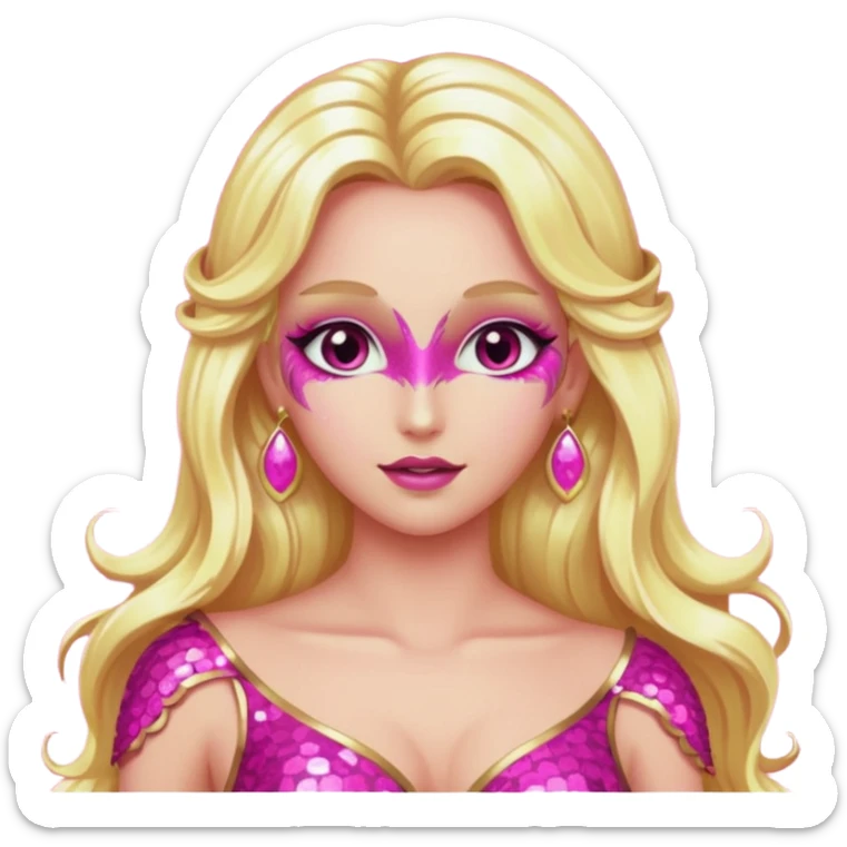 Venus, Love Goddess with metallic pink skin, long blonde hair, dark pink sequin outfit sticker