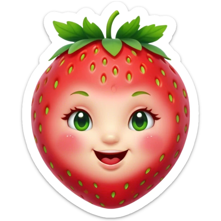 Cinematic plump happy strawberry, glossy bright red, tiny round eyes and blushing cheeks, green leafy top slightly tilted, cheerful and charming. sticker