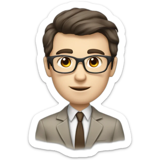 Pale skinned fit man with dark brown hair in gray jacket, beige office shirt, brown tie, brown pants and vintage glasses Writing on the flipchart sticker