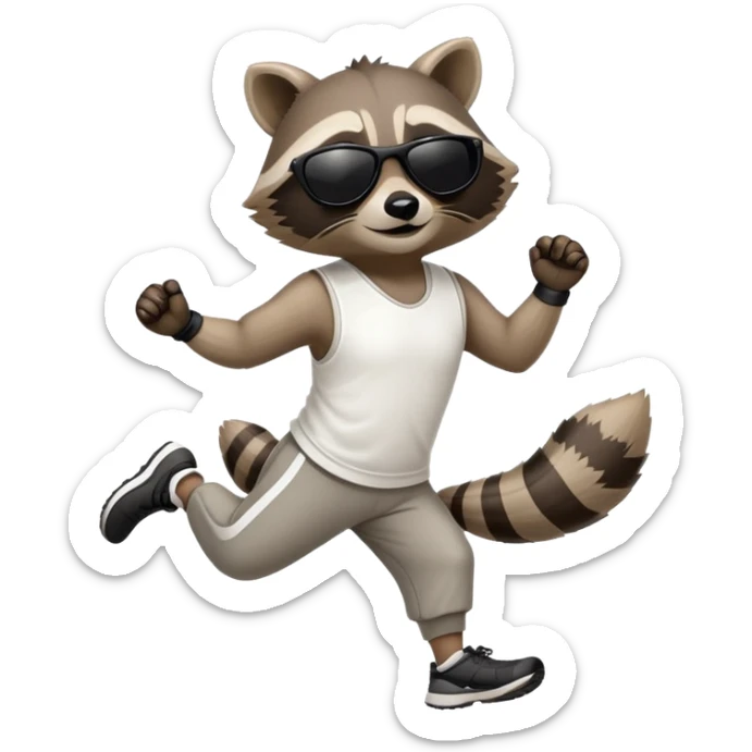 friendly anthropomorphised raccoon in sports wear, wearing dark sunglasses, jogging upright, mafia style sticker