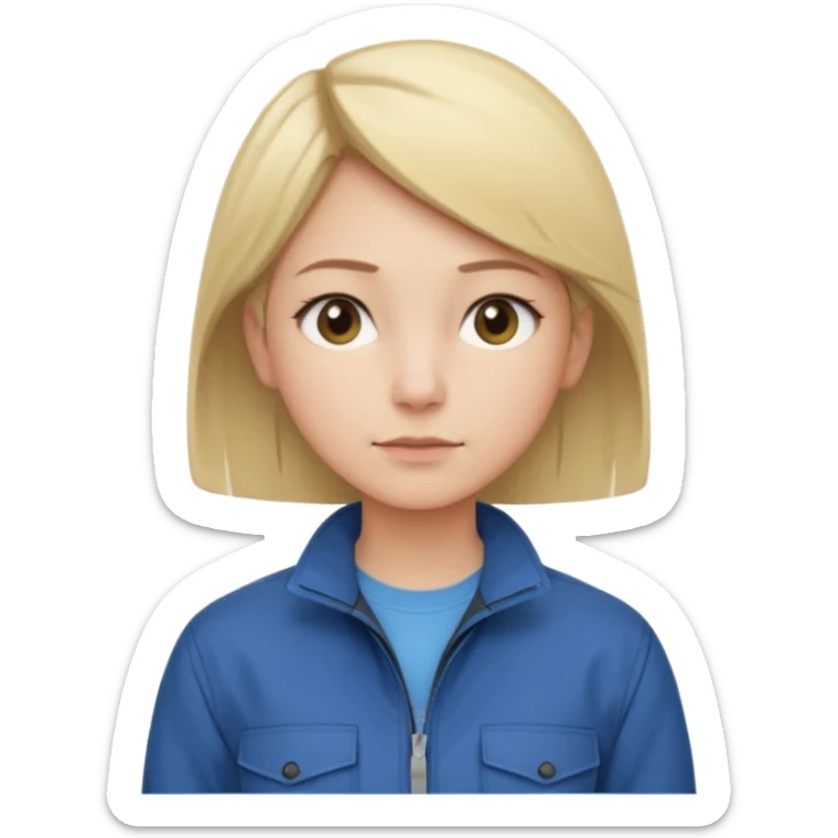 Calm and independent female engineer, fair skin, short straight blonde hair tucked behind the ears, neutral but focused expression, wearing a fitted blue utility jacket over a black crew-neck top, waist-up, front-facing sticker