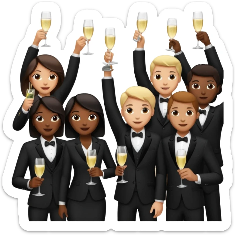 Un equipo cin trajes negros, personas blancos y negros de ventas celebrando un logro con un brindis. El fondo negro totalmente  sticker