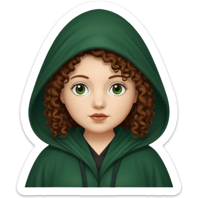 A white woman with a chubby face, with long dark auburn hair, cloaked and hooded like she's a Traitor in the tv show 'The Traitors'. her hair is frizzy curly, not with defined curls, and the robe is a very dark green/almost black color sticker