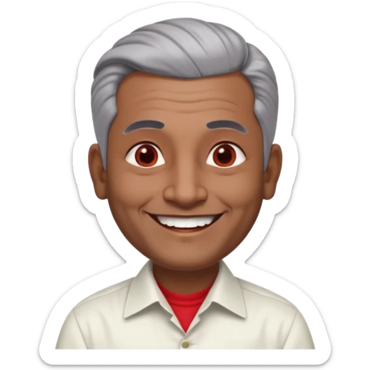50 yr old indian man, dark skin, grey hair, big smile, white teeth, chubby, no moustache, clean shaven, young style hair, hair brushed back, 5 oclock shadow, bindy, dress shirt, forehead dot, chubby, religious, red dot, fancy hair sticker