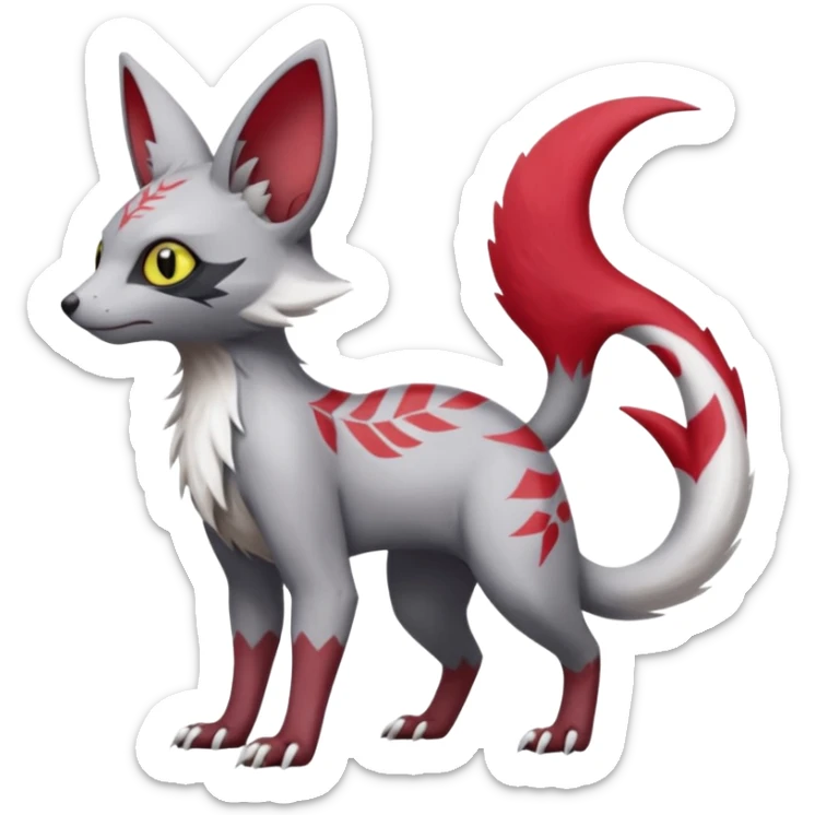 Minccino-Lykoi-Zangoose-fusion-hybrid-animal-Fakémon-creature, full body, thin long sleek scaly tail, intricate markings sticker