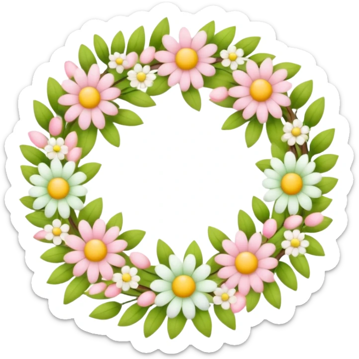 flower wreath with yellow, pink and white and green pastel colors, in a shape of an egg sticker