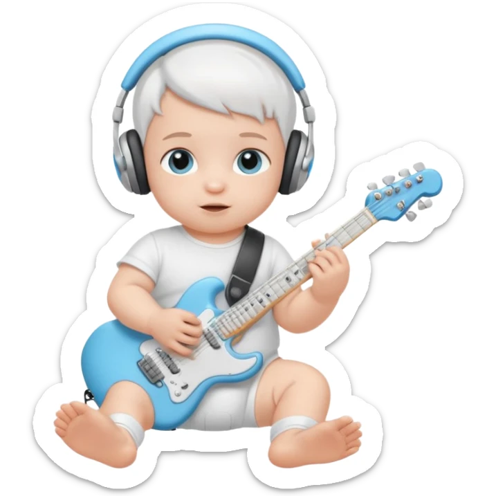 a cute baby in a white diaper and air pod max silver headphones playing a baby blue electric guitar sticker