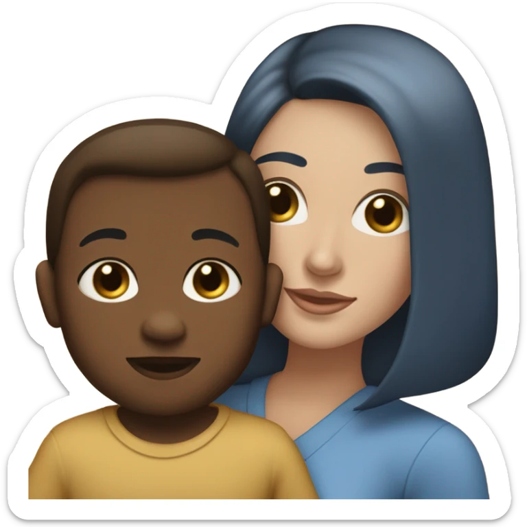 white woman, with straight long mid hair, dark brown hair, blue eyes, round face, uni-lips. holding her baby boy, one year old, brown skin, bit of hair straight brown smiling sticker
