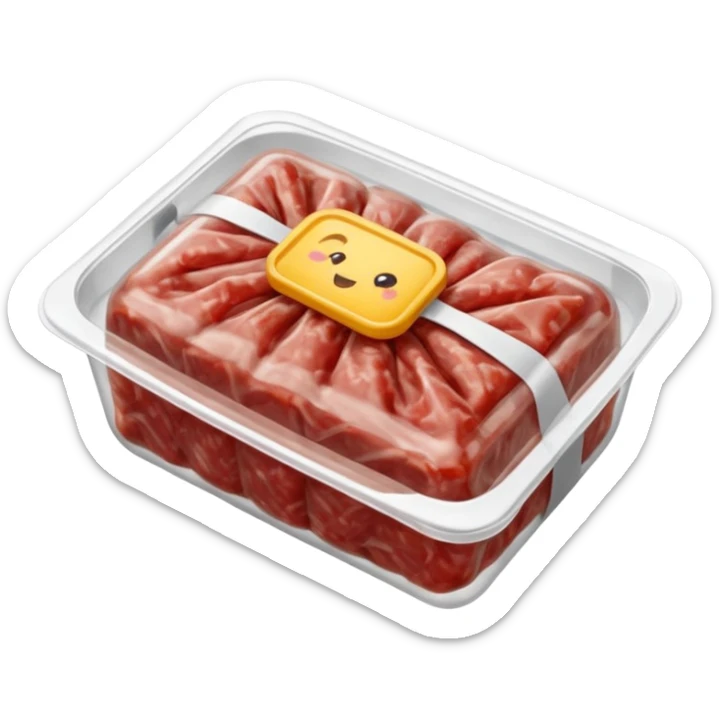A 3D cartoon pack of minced meat wrapped in transparent plastic, supermarket-style packaging, top angleMemoji-style. sticker