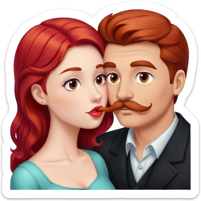 A man with a mustache and brown hair is kissing a girl with red hair sticker
