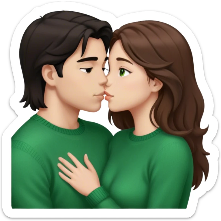 Young guy with black slightly long hair kissing a young woman with brown hair and green sweater sticker