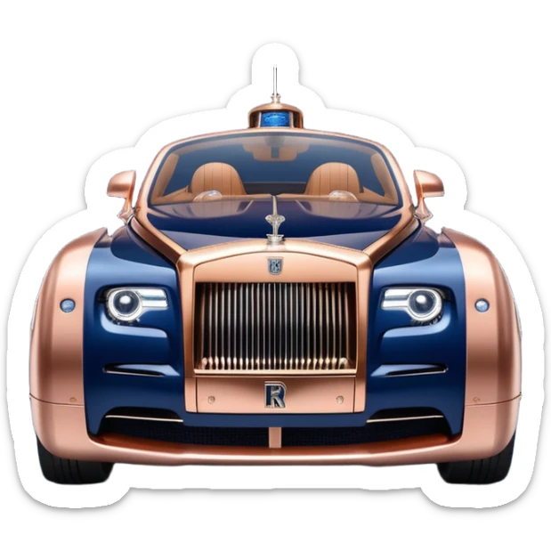 dark blue led lights on a hot rodded delicately inlaid rose gold and wood accentuated sporty 1889 Rolls Royce with futuristic electric spaceship plasmadic motors and dynamos with wide racing wheels that are held strong by advanced suspension and steering sticker