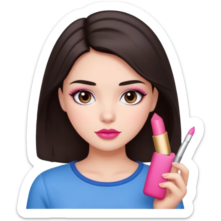 Dark brown haired girl with black eyes and lips between the shades of pink and red. A cute and clean makeup along with a blue top  sticker