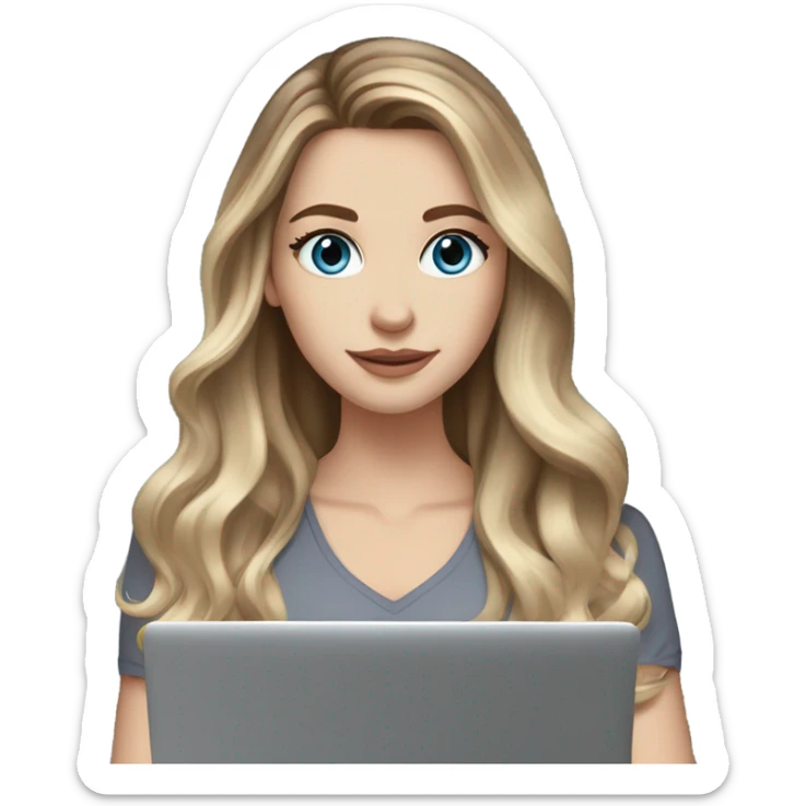 White girl blue eyes with long voluminous brown hair with blonde highlights balayage holding a laptop 
 sticker