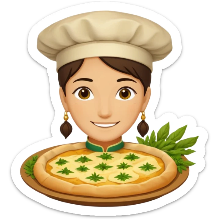Georgian cuisine avatar in bright emoji-style illustration. Khachapuri and herbs, rich golden and green colors, simple shapes, flat design, strong character. sticker