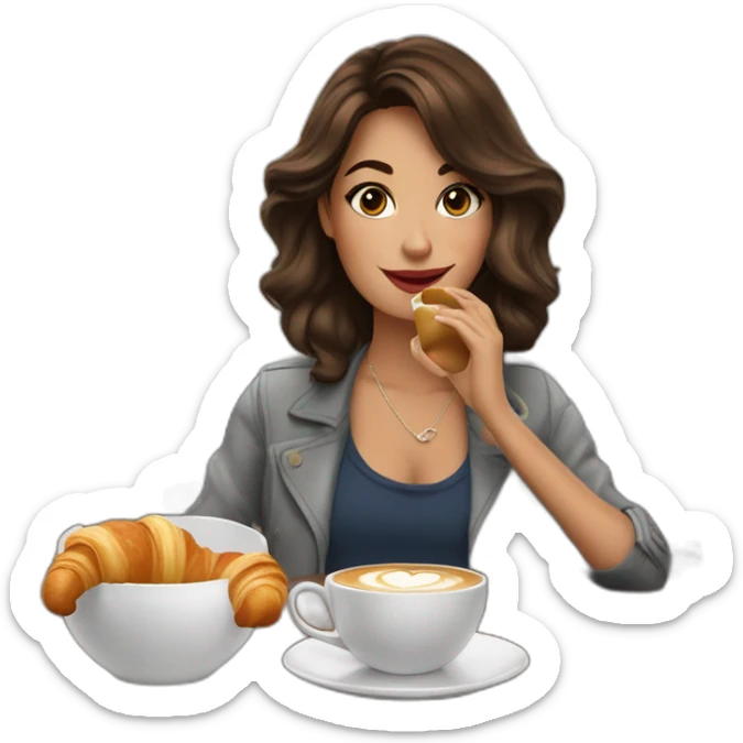 A brunette influencer drinking coffee and eating a croissant in a French bistro  sticker