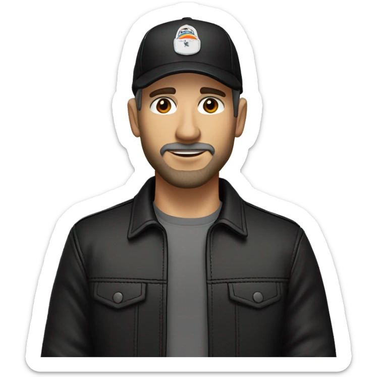 An adult white skin portrait of male with stubble and a slightly gray beard, brown hair, black eyes, wearing a black Reebok cap with a round emblem on his head, and a black leather jacket. sticker