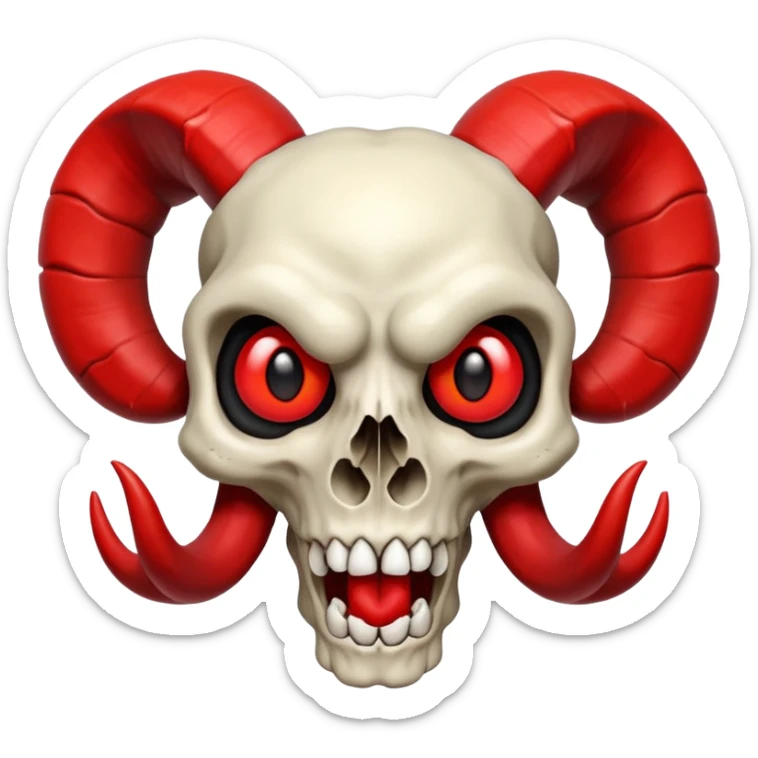 logo of a ram-horned skull with red eyes and a wide mouth, bold, expressive, iconic, fully inside image borders, Apple emoji style sticker