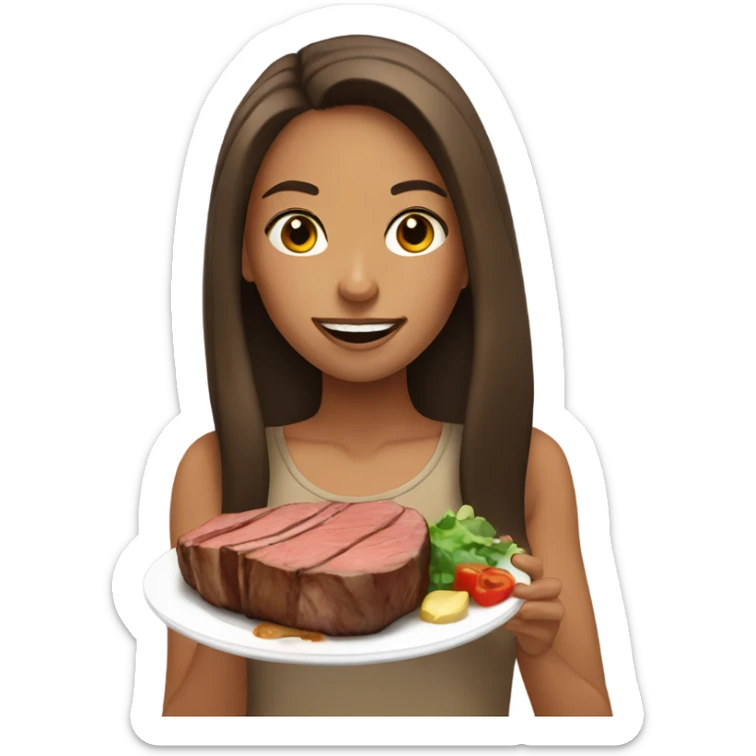A tan girl with long brunette hair eating a bunch of steak sticker