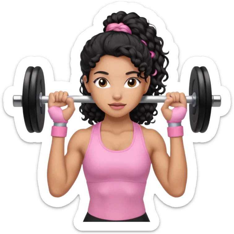 Mixed-race athletic woman with caramel skin, long black curly hair in a ponytail, lifting a pastel pink barbell sticker