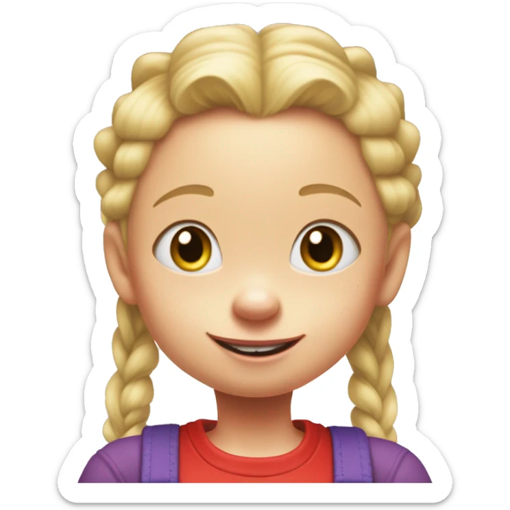 A little blonde girl with pigtails and little purple bows wearing a red long sleeved shirt and purple overalls, rugrats sticker