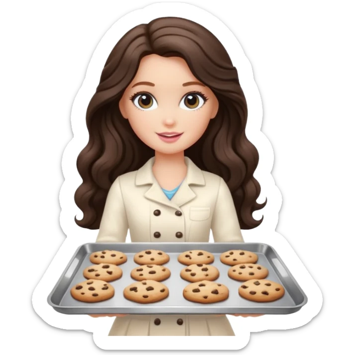 A white Barbie girl with long dark brown wavy hair in a cream clothes holds a Baking tray with cookies sticker