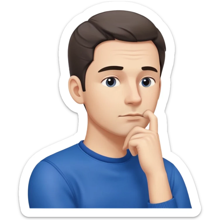 Close-up of a male character in blue clothing, with a thoughtful expression and hand resting on his chin, symbolizing deep thinking. Minimalist, modern style, focusing on facial expression and attire sticker